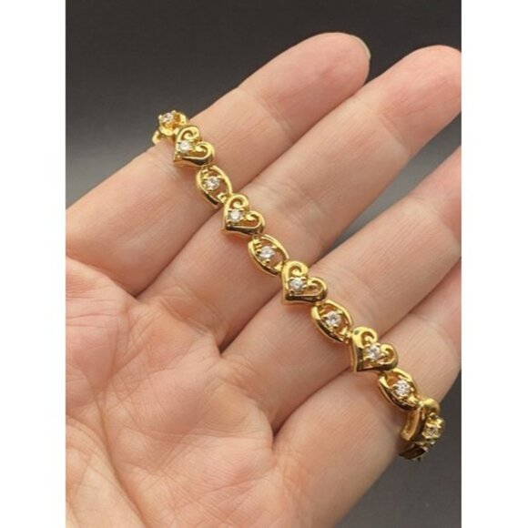 Yellow Gold Plated  Bracelet Heart Oval Link CZ Tennis 7" Safety Clasp Romantic - Picture 3 of 4